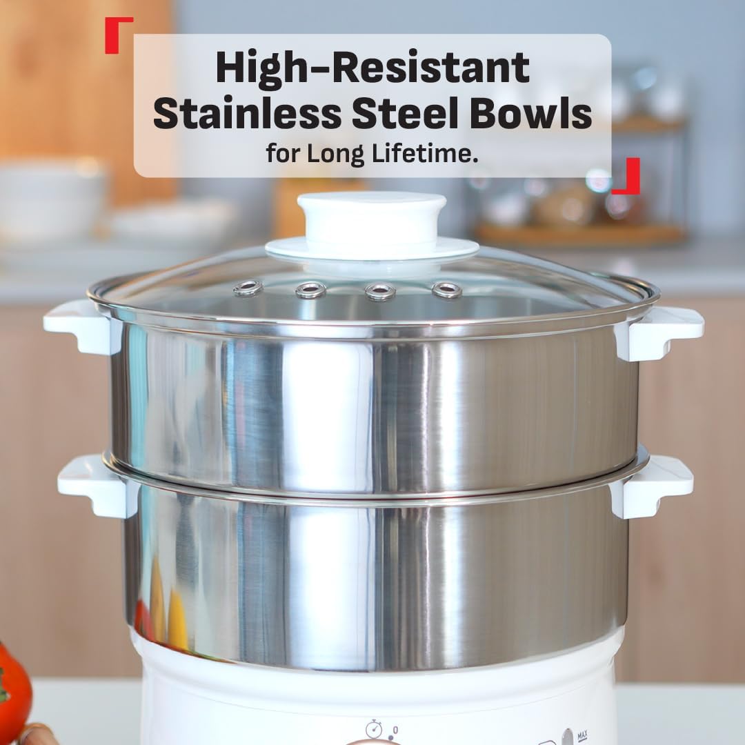 Detalle de Tefal VC1451 stoomkoker, 6 l, 2 roestvrijstalen schalen, 900 W