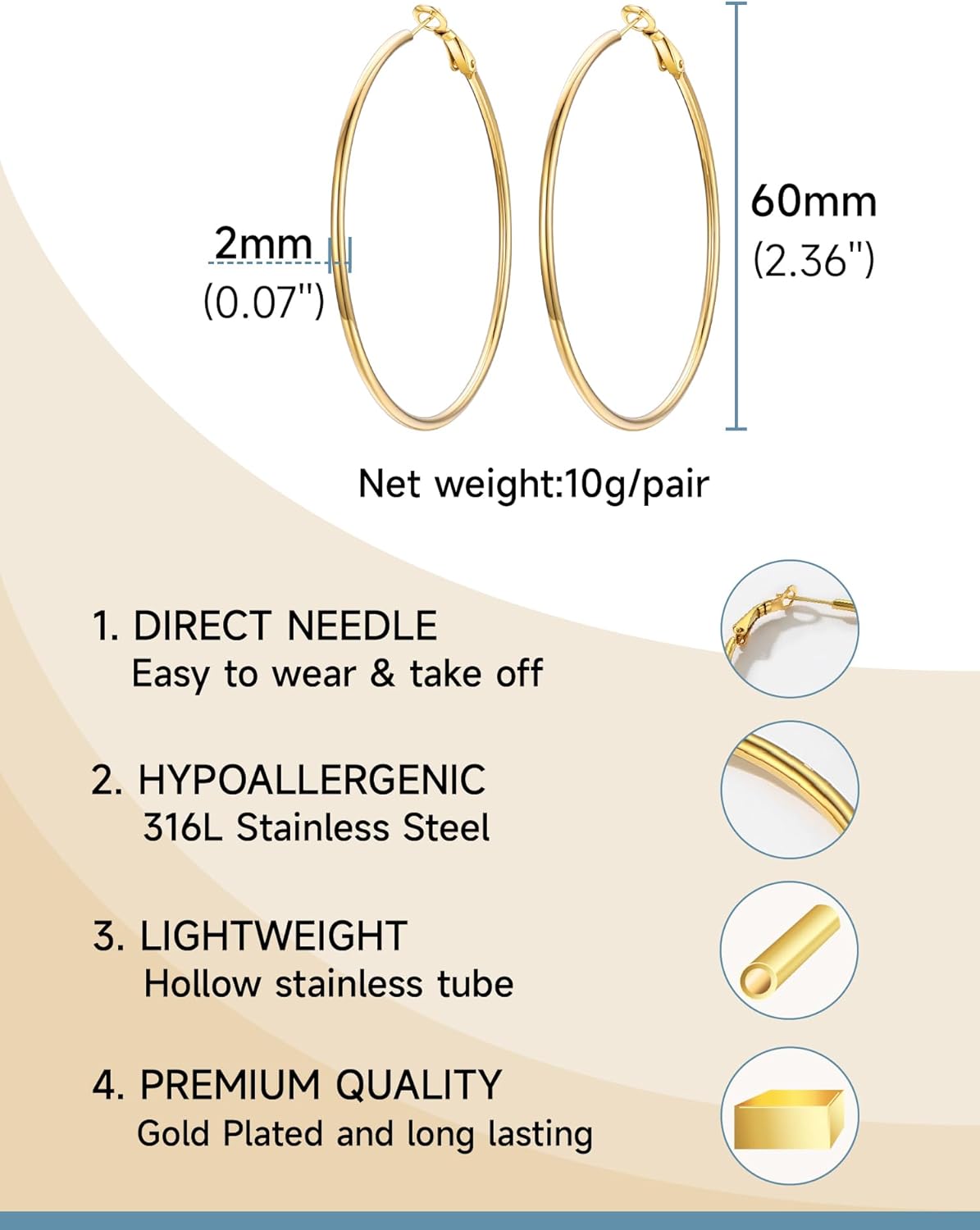 Thumbnail 3 de PROSTEEL Créoles femme en acier inoxydable 316L plaqué or jaune – grands anneaux (60 mm)