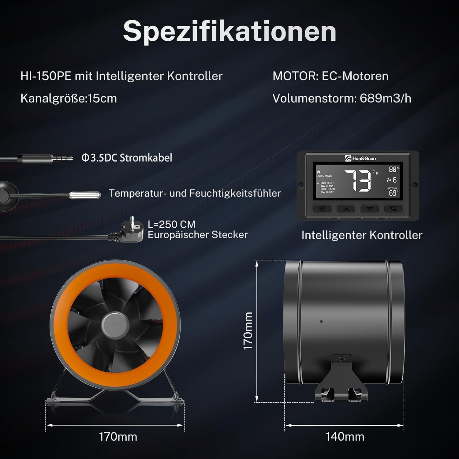Thumbnail 5 de Hon&Guan Rohrventilator 150mm Regelbar mit EC-Motor – Intelligenter Kontroller, Temperatur- und Feuchtigkeitsregler