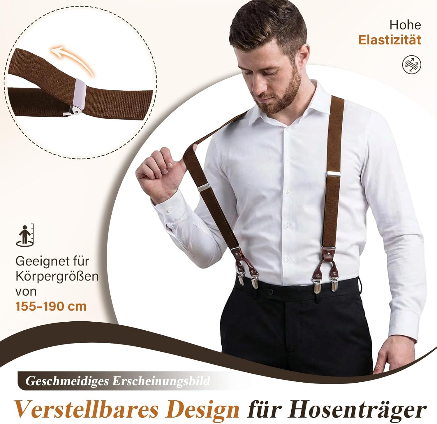 Detalle de KANGDAI Rindsleder Hosenträger für Herren (Breit, Y-Style) mit 6 Metall-Clips, 3,5 cm