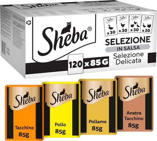 Detalle de Sheba Selezione Delicata in Salsa – Buste da 85 g per gatti adulti, gusti Pollo, Tacchino, Pollame, Anatra