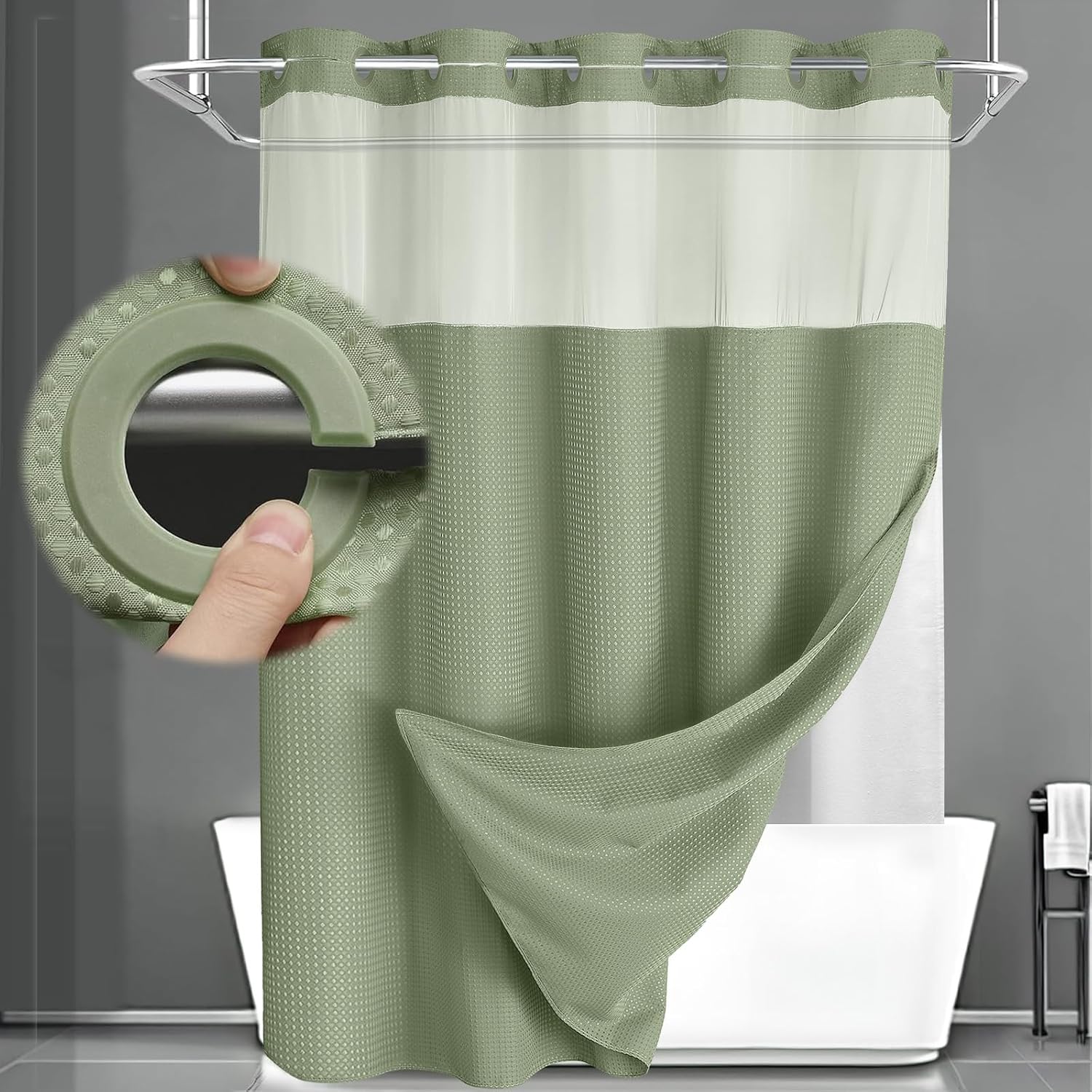 Thumbnail 6 de XOGUIBO No Hook Shower Curtain and Liner Set (Black Waffle, 75" x 72")