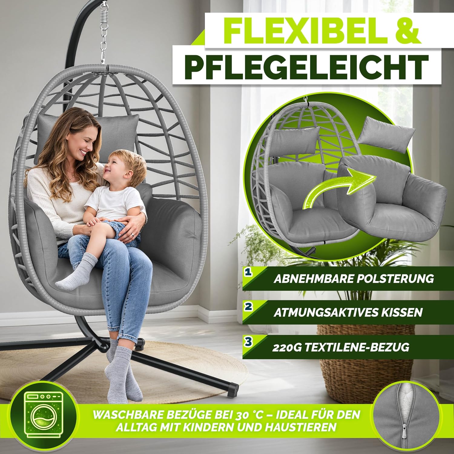 Thumbnail 5 de tillvex® Hängesessel mit Gestell – wetterfester Egg Chair aus Rattan, 150 kg Last, inkl. Abdeckung