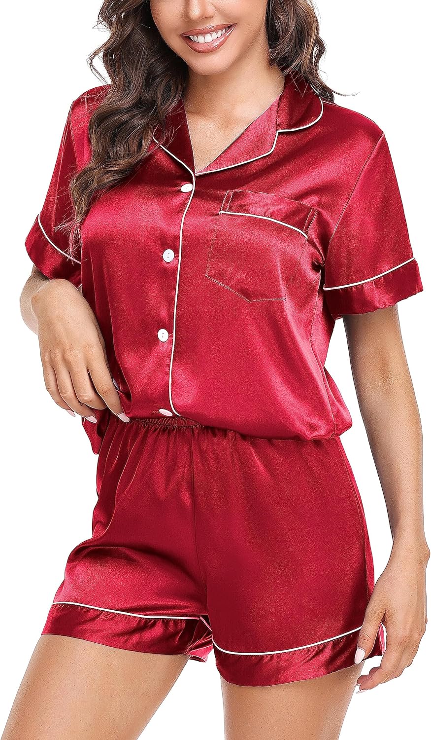 Detalle de Lovasy Pyjama Satin Femme Short Ensemble – Satin léger à manches courtes, chemise à boutonner