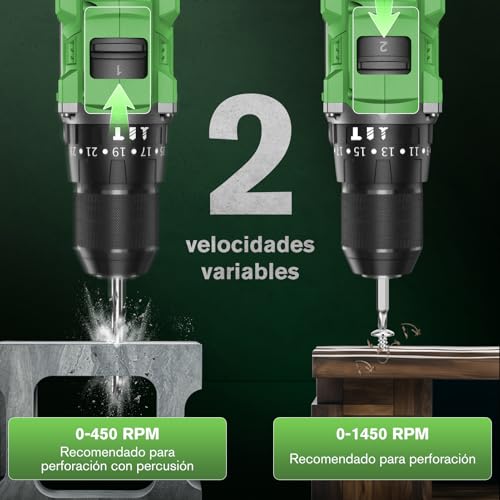 Detalle de Ginour Taladro Percutor a Batería 50 Nm, 21V con 2 Baterías 2Ah y Maletín: versatilidad 3 en 1 para atornillar, taladrar y percutir
