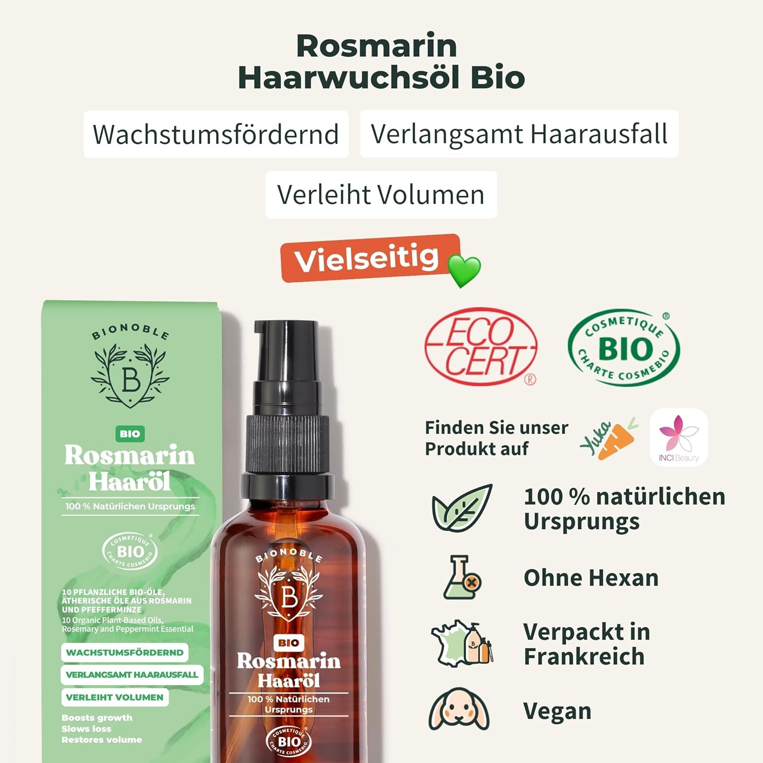 Detalle 2 de BIONOBLE Rosmarinöl 50 ml – Haaröl für Wachstum