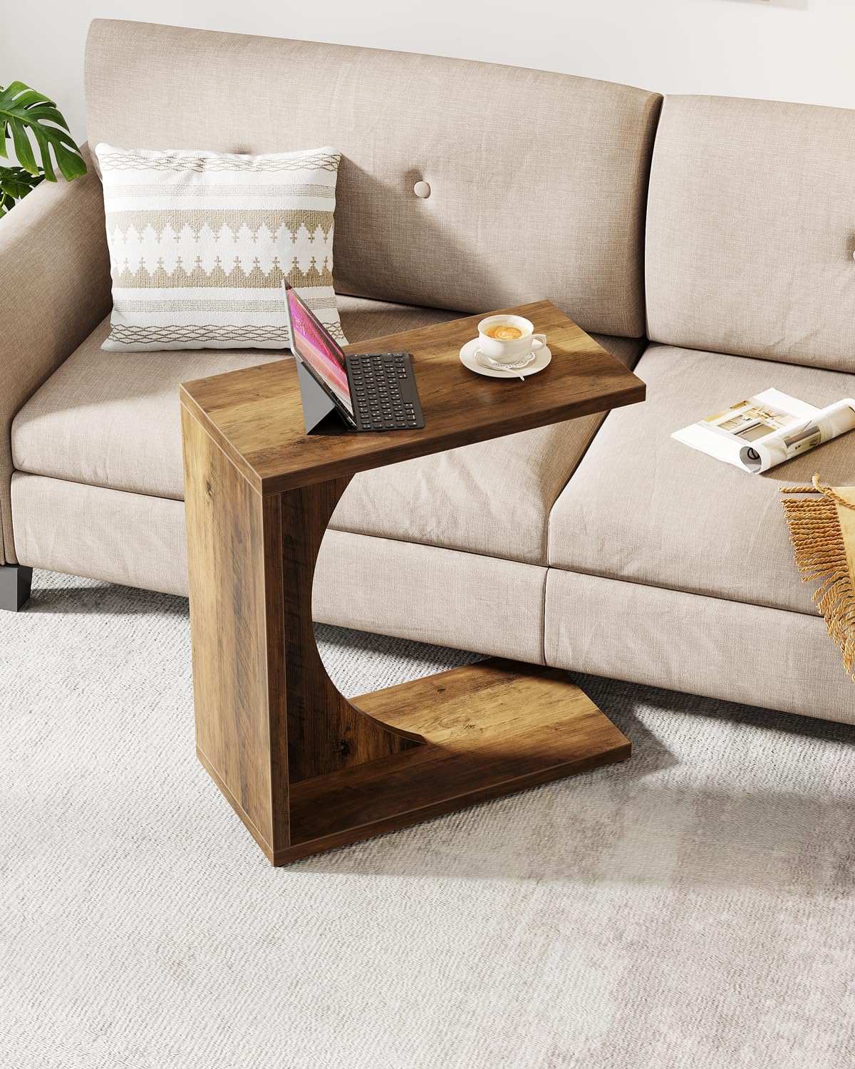 Detalle de Tribesigns RY0138RY0202 C-Shaped End Table, Rustic Brown Engineered Wood