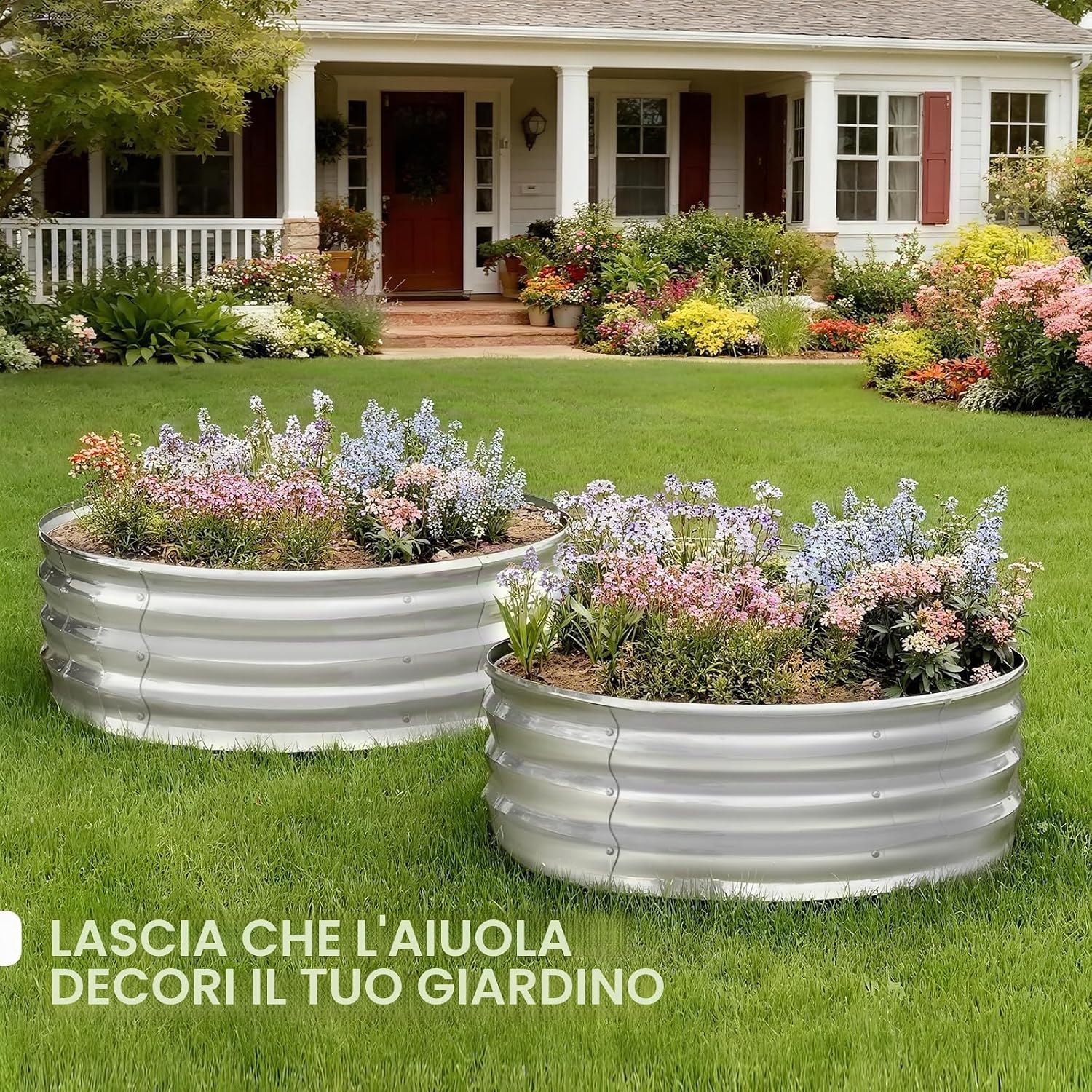 Detalle de Bamworld Orto Rialzato da Esterno Rotondo 2 Pezzi – Fioriere in Metallo Zincato 60x30cm Argento