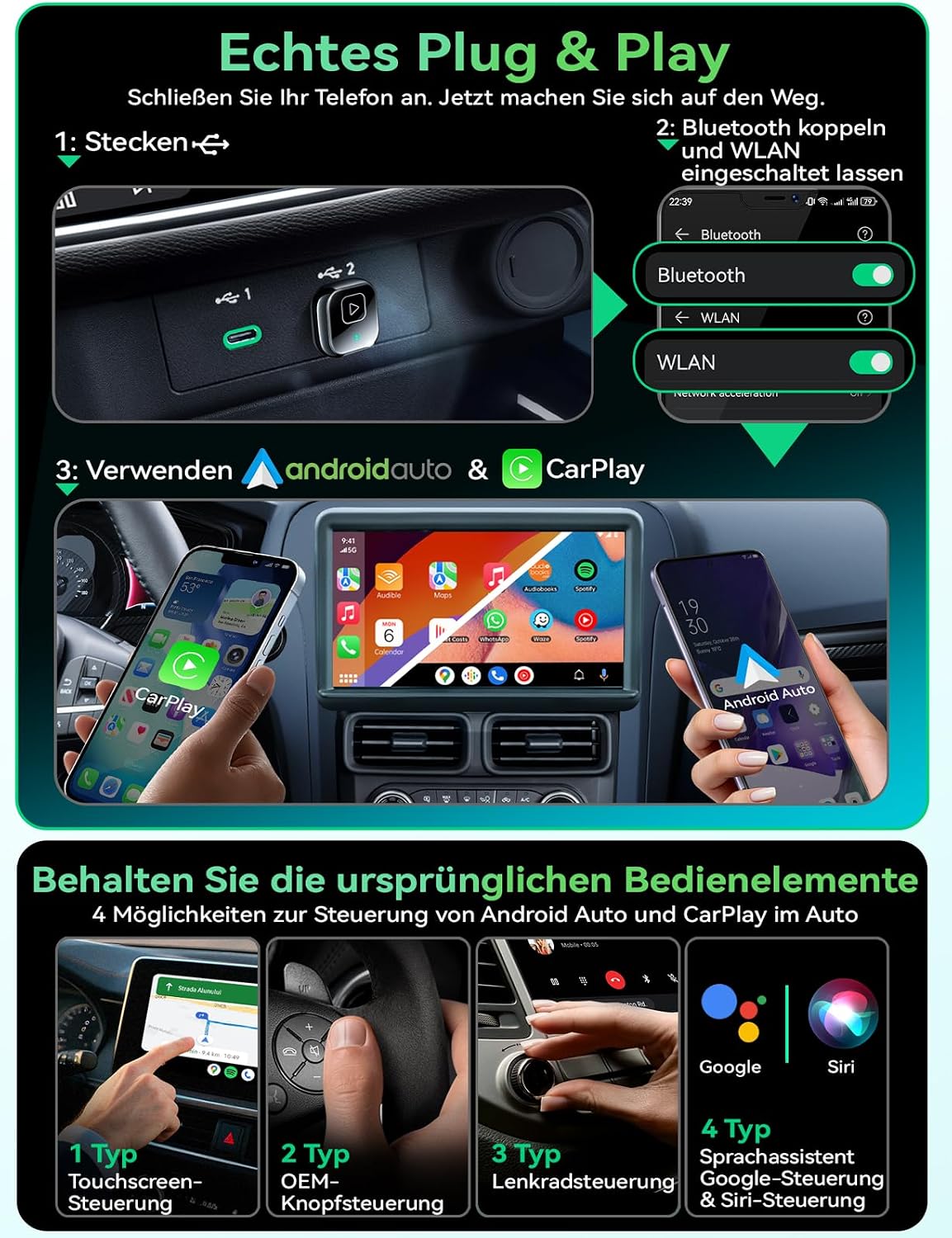 Detalle 2 de Mavlou Wireless Carplay & Android Auto Adapter C3020B – Mini 2-in-1 Dongle