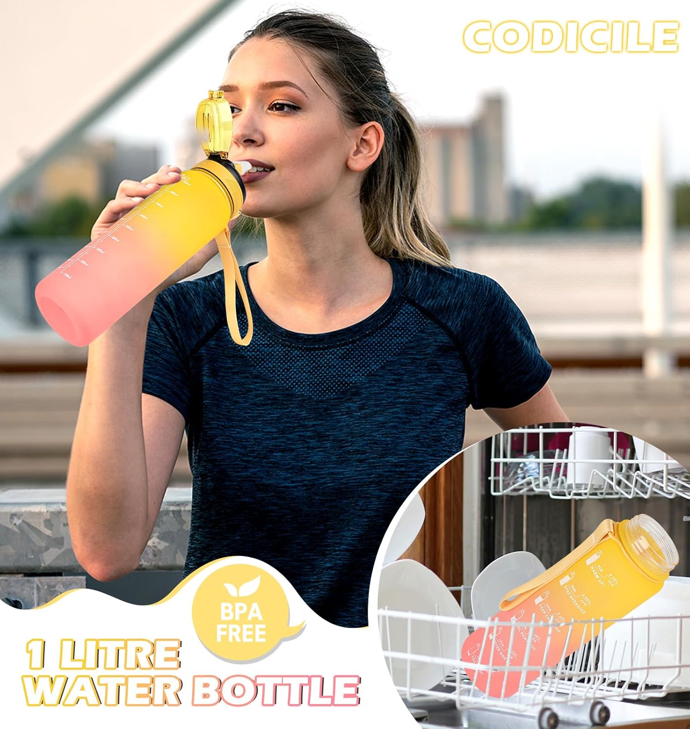 Thumbnail 5 de CodiCile 1L Water Bottle with Straw (leak-proof, dishwasher safe) – time markings & bottle brush, Yellow Pink
