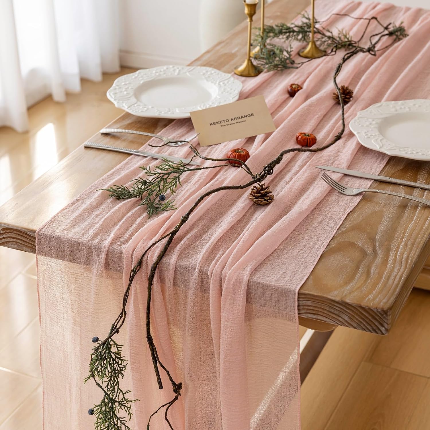 Keketoarrange 120‑inch pink gauze table runner