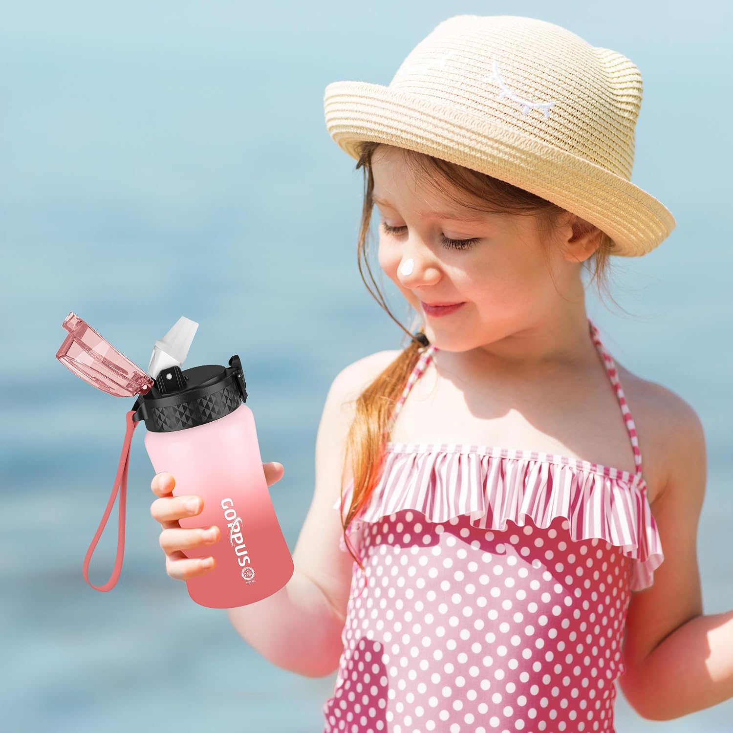 Thumbnail 5 de GOPPUS 350ml Kids Water Bottle with Straw, Flip Top Lid & Strap (Blush Pink Ombre)