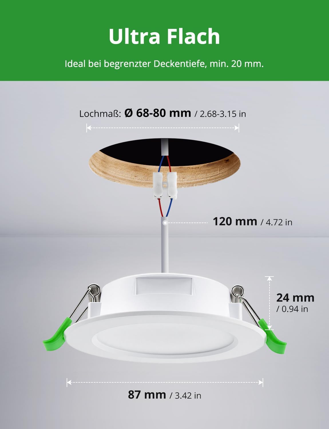 Detalle 2 de HOMEOW Einbaustrahler LED 230V Flach 68 mm (5 W, 400 lm, IP44) Kaltweiß 6000 K – 10er-Set für Bad & Küche