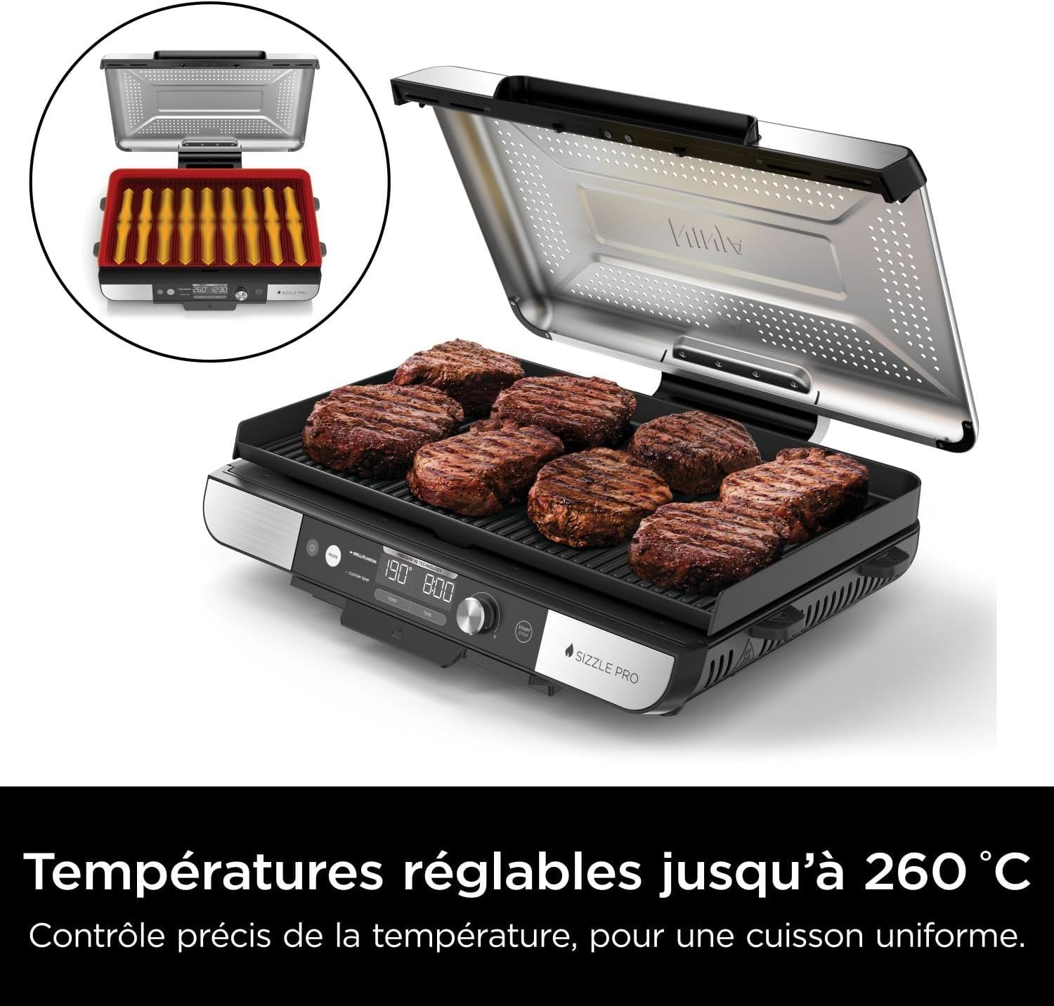 Thumbnail 3 de Ninja Sizzle Pro XL Gril Électrique Intérieur et Plancha Céramique – Gril Multifonction 1150 cm2, Argent/Noir GX101EU