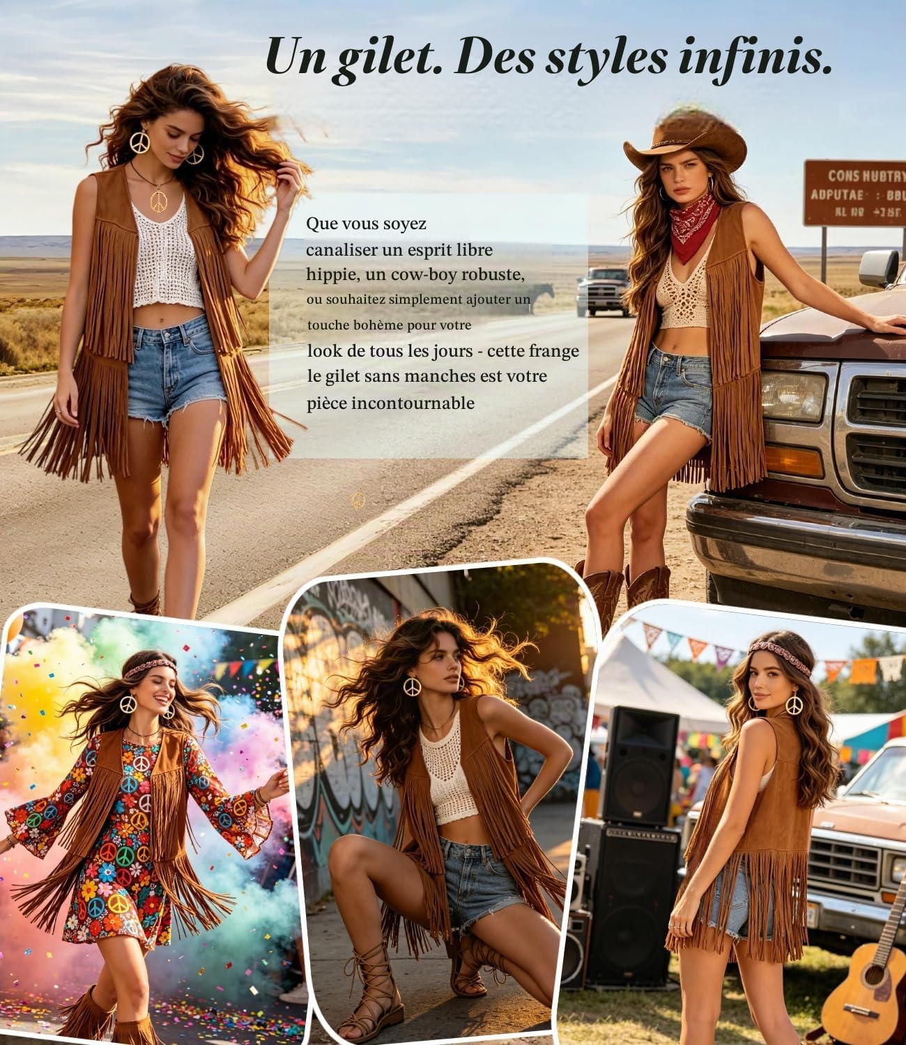 Thumbnail 6 de Hippiekostuum voor dames met vest met franjes en accessoires