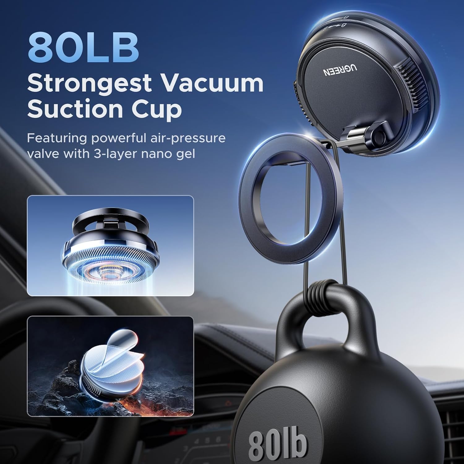 Thumbnail 2 de UGREEN 65187 MagSafe Car Phone Mount with 360° Rotation and Suction Cup