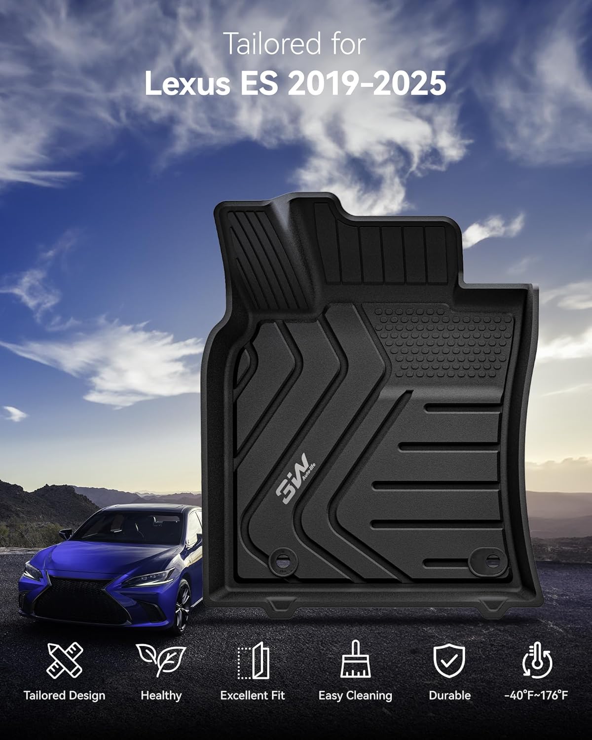 Thumbnail 2 de 3W Floor Mats for Lexus ES (2019–2025) – All-Weather TPE Custom Fit Floor Liners