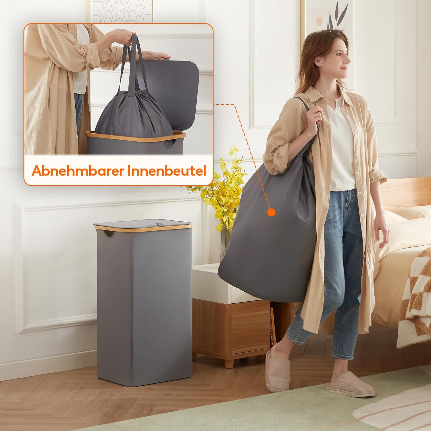 Detalle de Lifewit 100L Wäschekorb mit Deckel und abnehmbarem Wäschesack (Bambusgriffe), grau