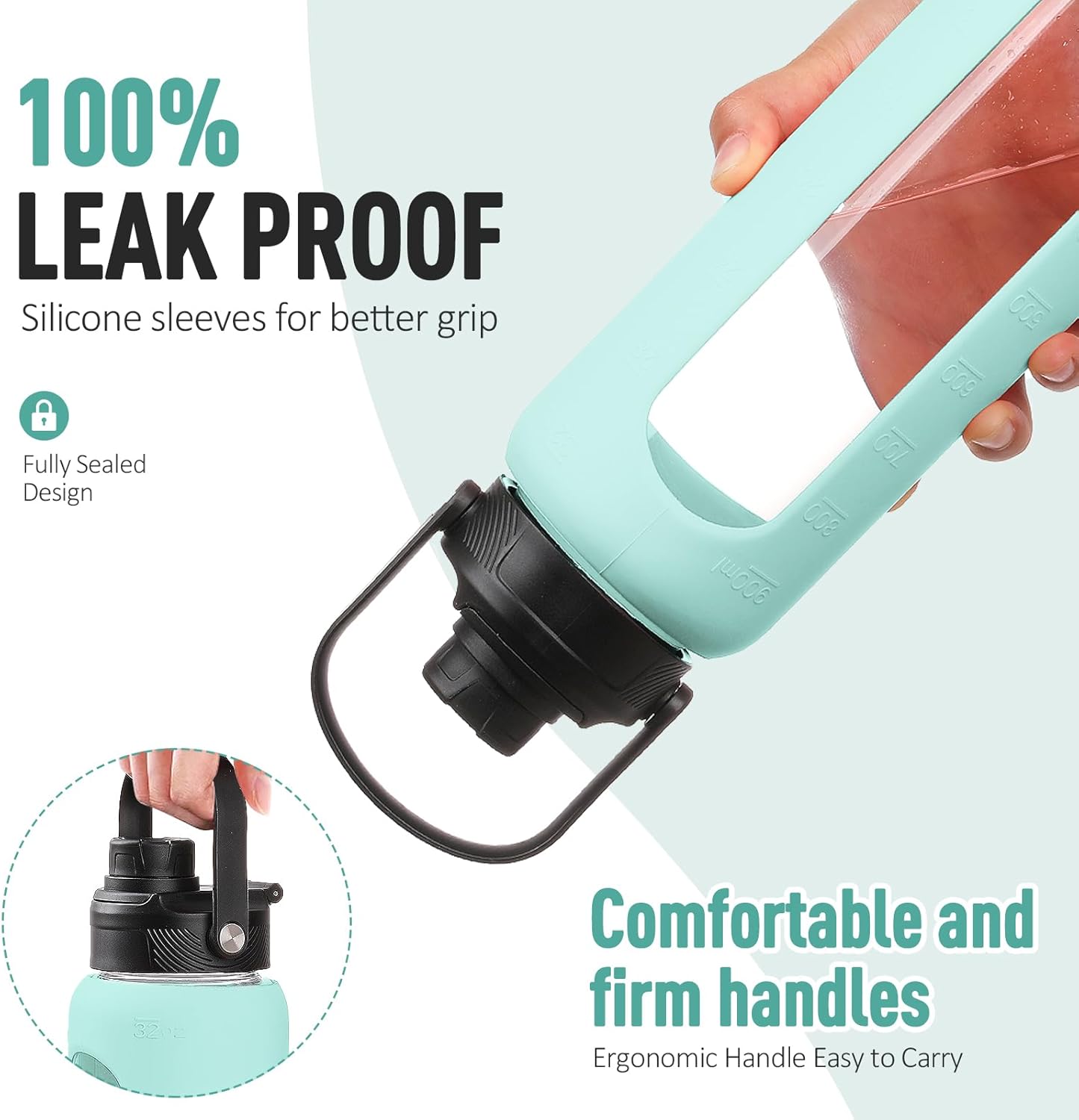 Thumbnail 1 de BLUEGO 900ML Bouteille en verre avec double couvercle et marqueur de temps – Gourde réutilisable bleue claire