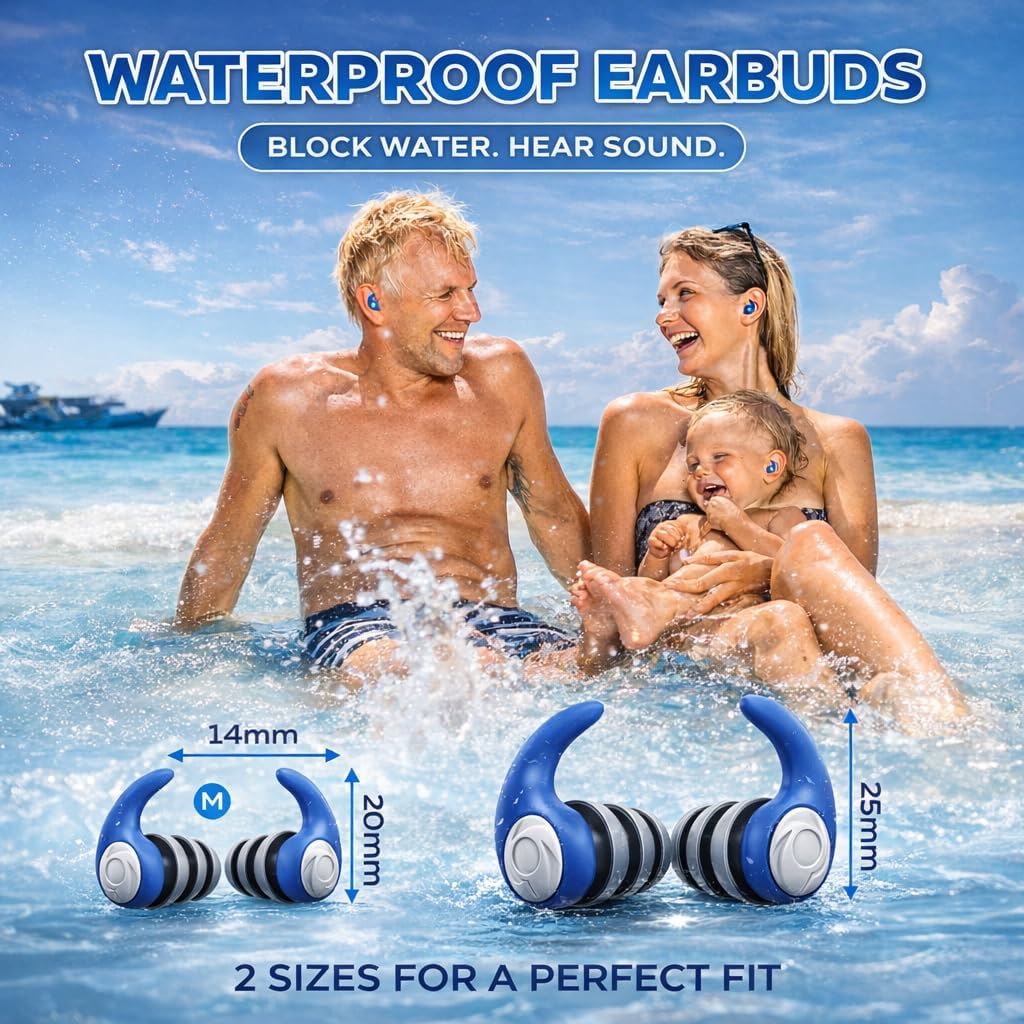 Detalle de Swimming Ear Plugs for Adults with Lanyard – 3 Pairs Waterproof Reusable Soft Silicone Earplugs