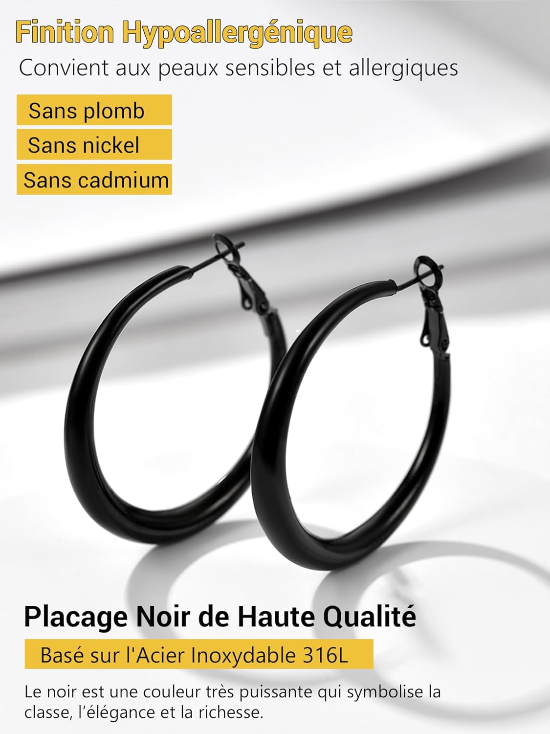 Thumbnail 2 de PROSTEEL Créoles femme en acier inoxydable 316L 40 mm / 60 mm / 80 mm avec finition noire