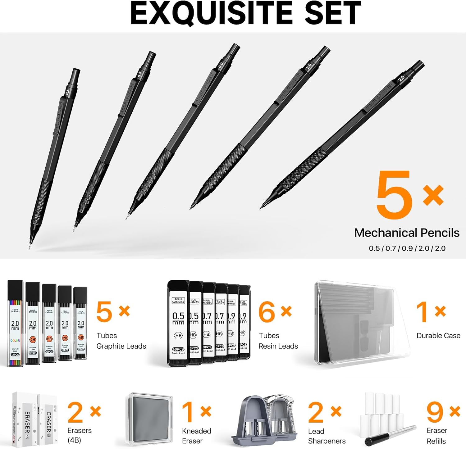 Thumbnail 4 de Four Candies Metal Mechanical Pencil Set – 0.5, 0.7, 0.9 & 2.0mm Drawing Pencils with 420 Lead Refills