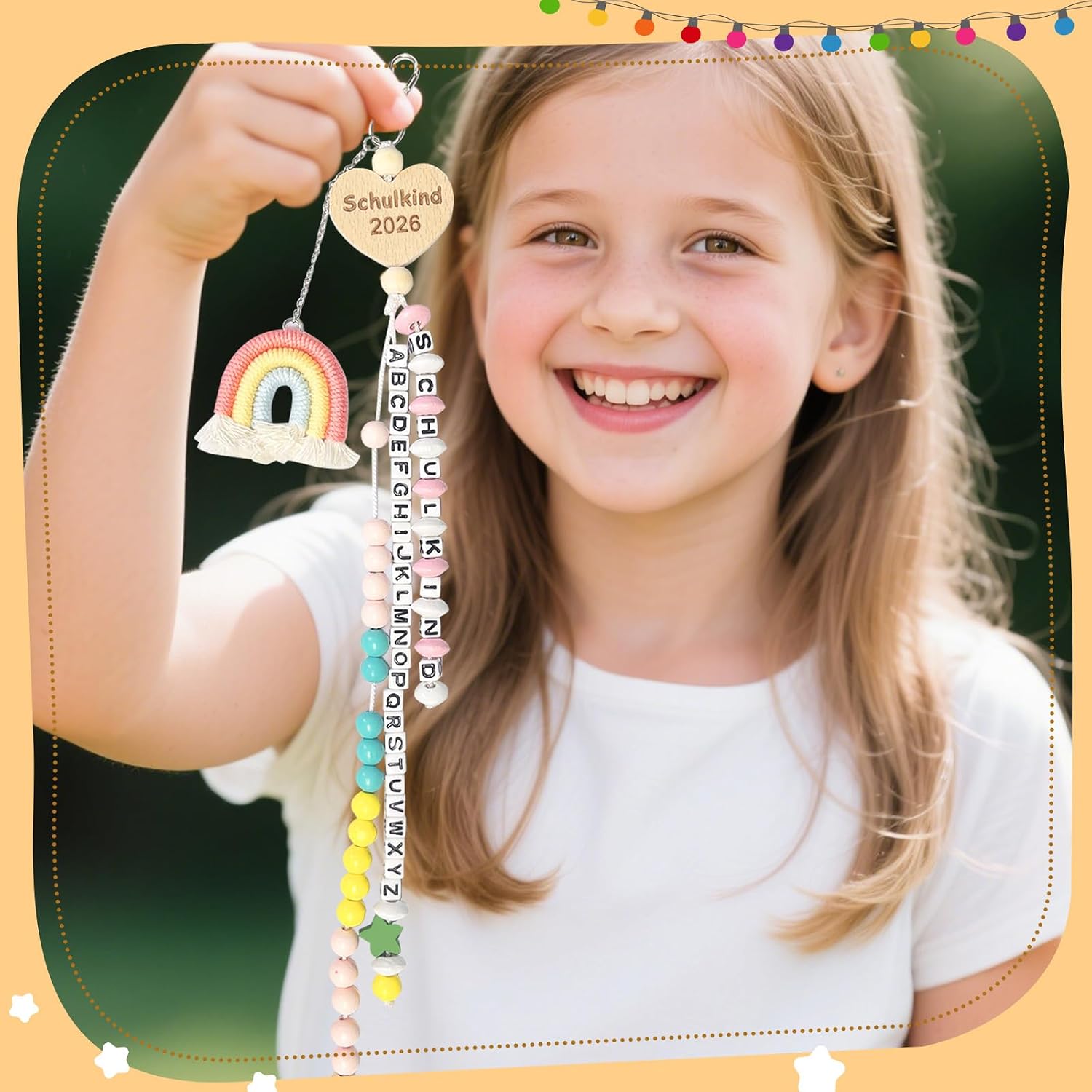 Detalle de KUPITM6 Rechenkette Geschenk Einschulung – Glücksbringer für Mädchen, ABC-Lernen und Rechenglaspeerl
