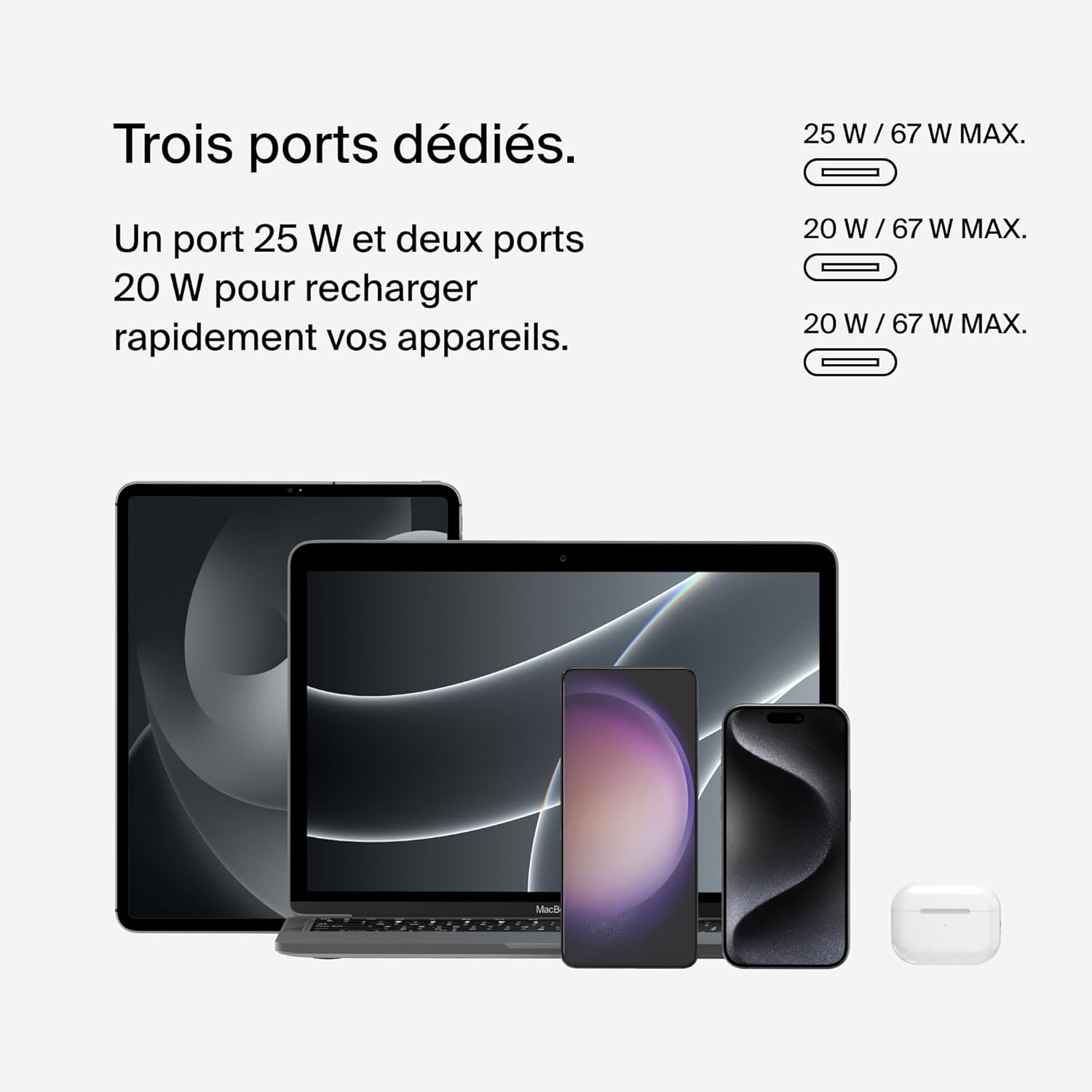 Detalle de Belkin BoostCharge Chargeur Secteur 3 Ports USB-C avec PPS 67 W – Blanc