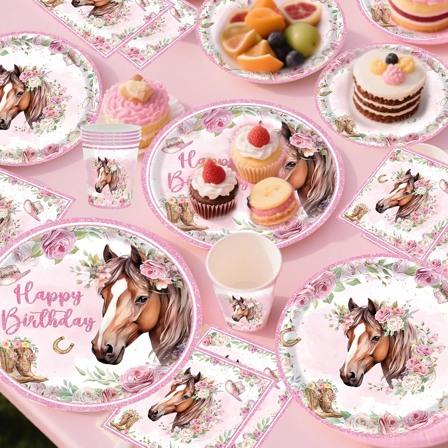 Detalle de Pferd Partygeschirr Set für 10 Gäste – Pferde-Geburtstag Deko mit Papptellern, Tassen & Servietten