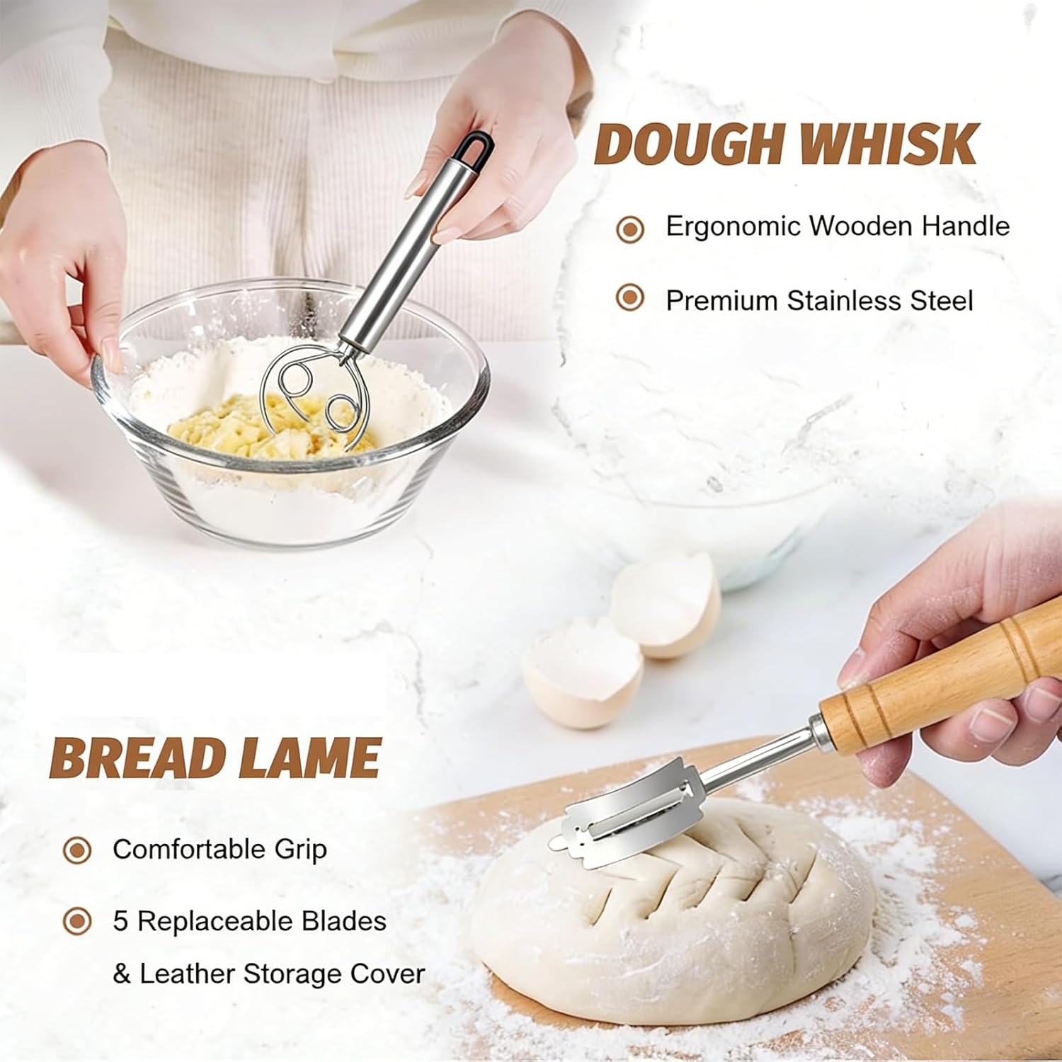 Detalle 2 de Gärkorb Brot Set – Rund 23 cm Silikon-Gärkorb, Teigmischer, Teigschaber, Brotmesser und Schablonen