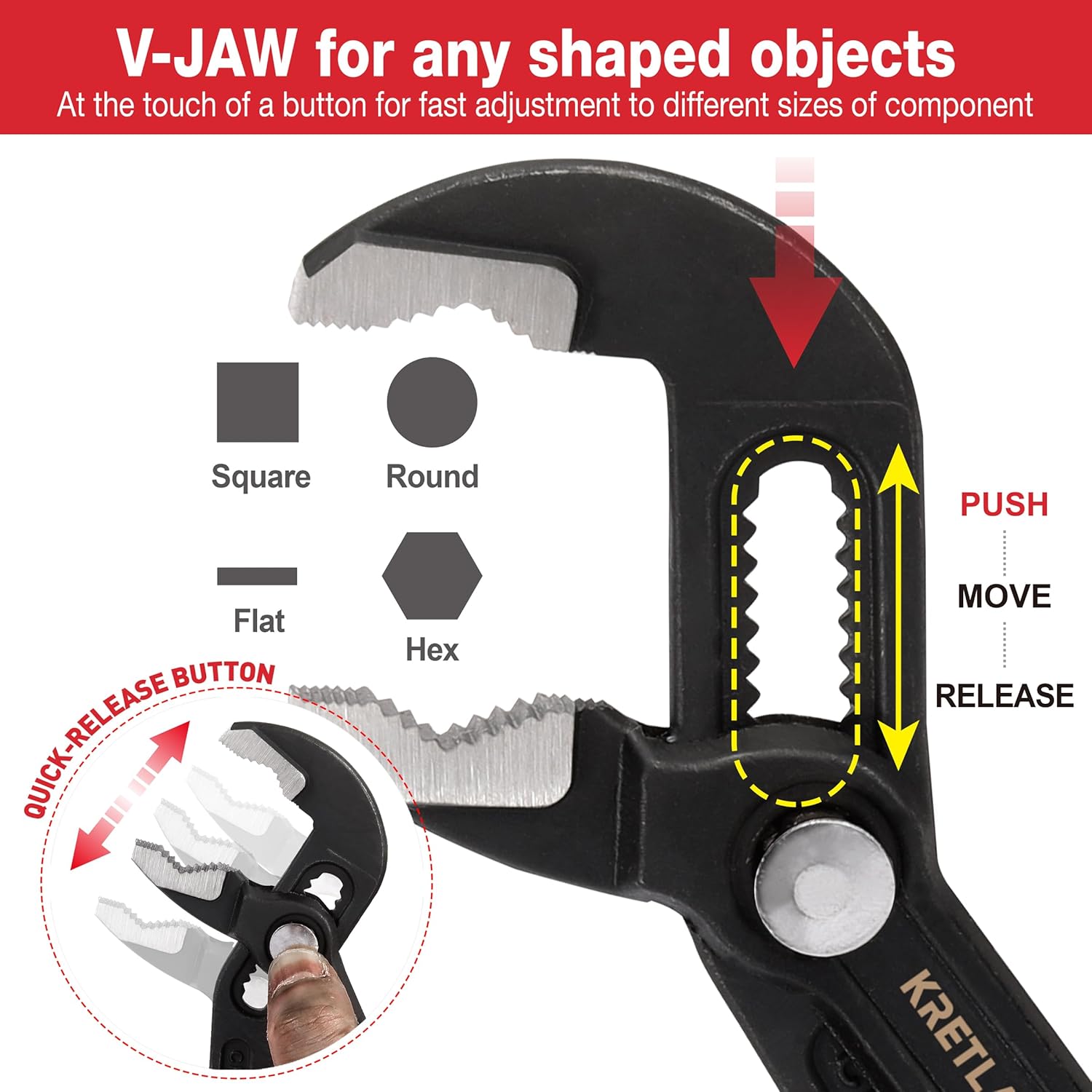Thumbnail 3 de KRETLAW 3-Piece Groove Joint Pliers Set (180mm, 250mm & 300mm) with quick-adjust push-lock
