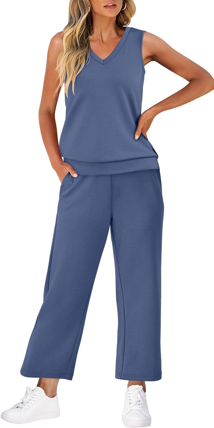 Detalle de WIHOLL Two Piece Set for Women: Summer Lounge Set with V Neck Top and Wide-Leg Cropped Pants