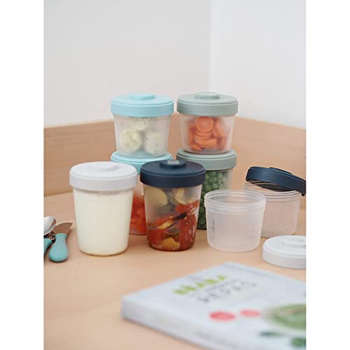 Detalle de BÉABA Lot de 12 Portions Conservation et 2 Cuillères Silicone – Pots empilables et 100% hermétiques