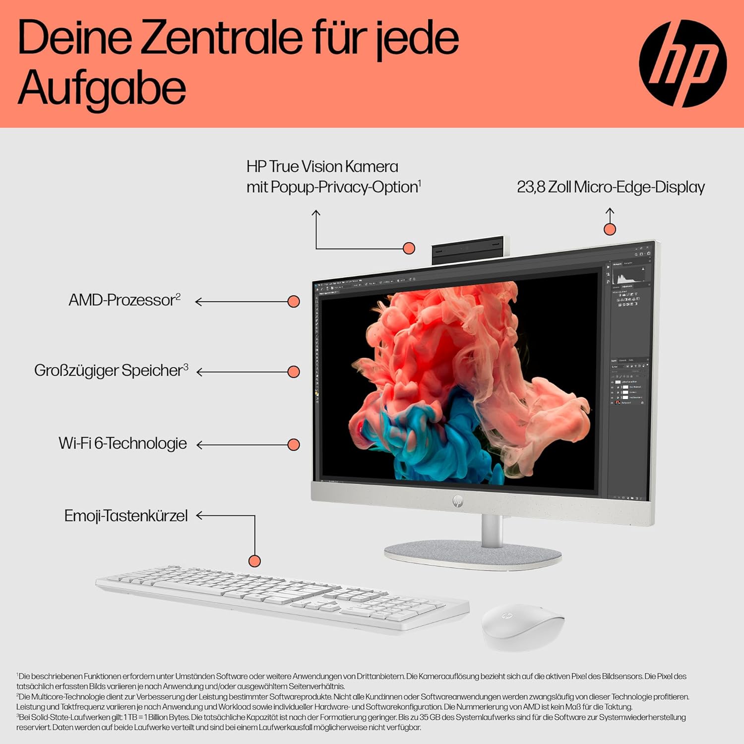 Thumbnail 3 de HP All-in-One Desktop-PC 23,8 Zoll FHD – Ryzen 5 7520U, 8 GB DDR5, 512 GB SSD, Windows 11 Home (weiß)