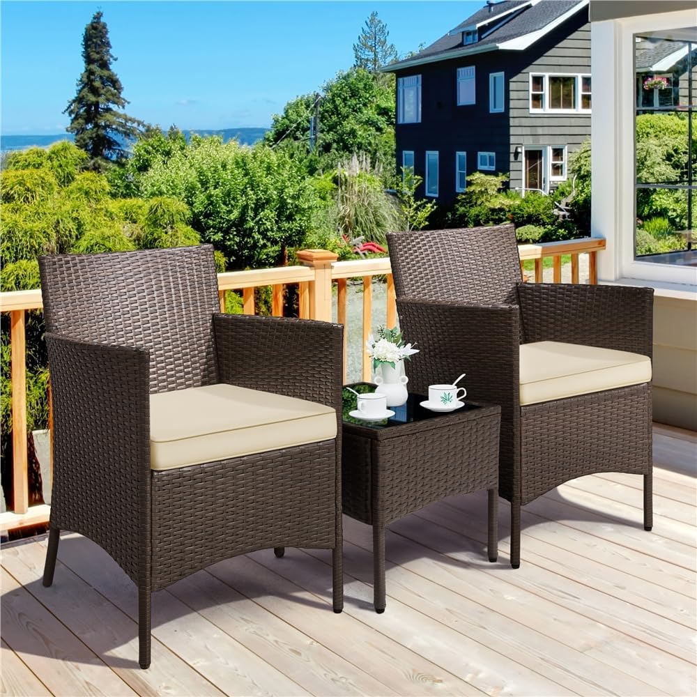 Thumbnail 1 de Yaheetech Set Mobili da Giardino 2 Poltrone e 1 Tavolino in Rattan PE Impermeabile per Esterno con Cuscini Marrone