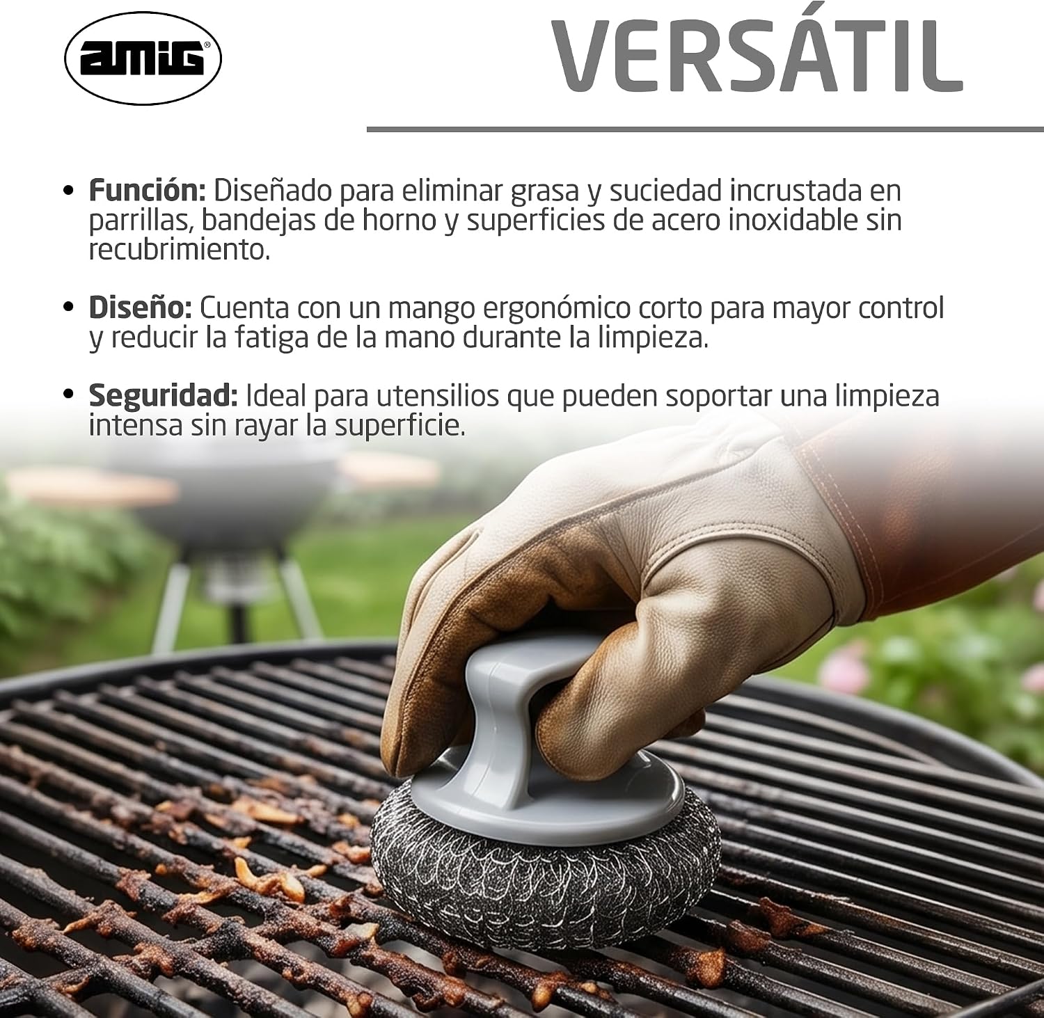Detalle de Amig AM19 Spazzola per la pulizia della griglia rotonda – Acciaio inox 410, manico in PP