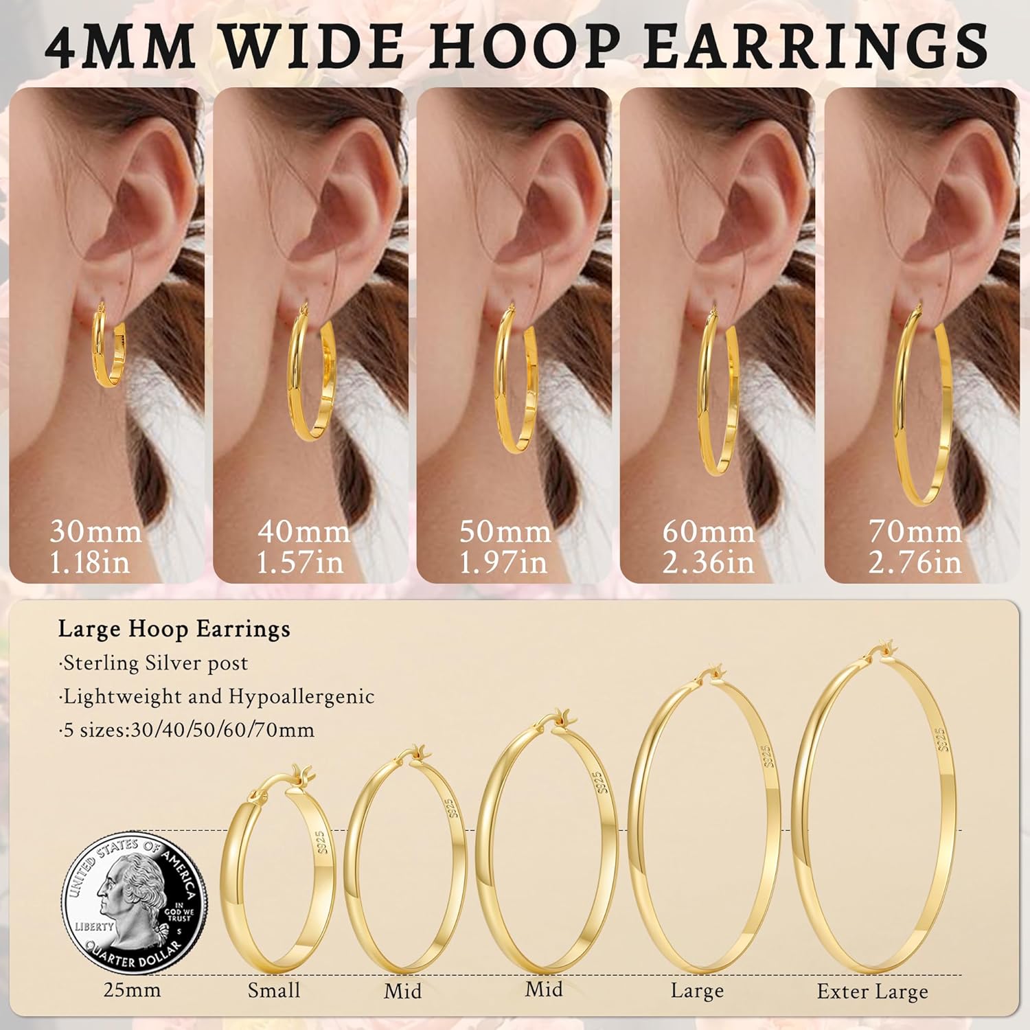 Thumbnail 4 de LOUMILEO 4mm Wide Large Silver Hoop Earrings (925 Sterling Silver, 30–70mm)