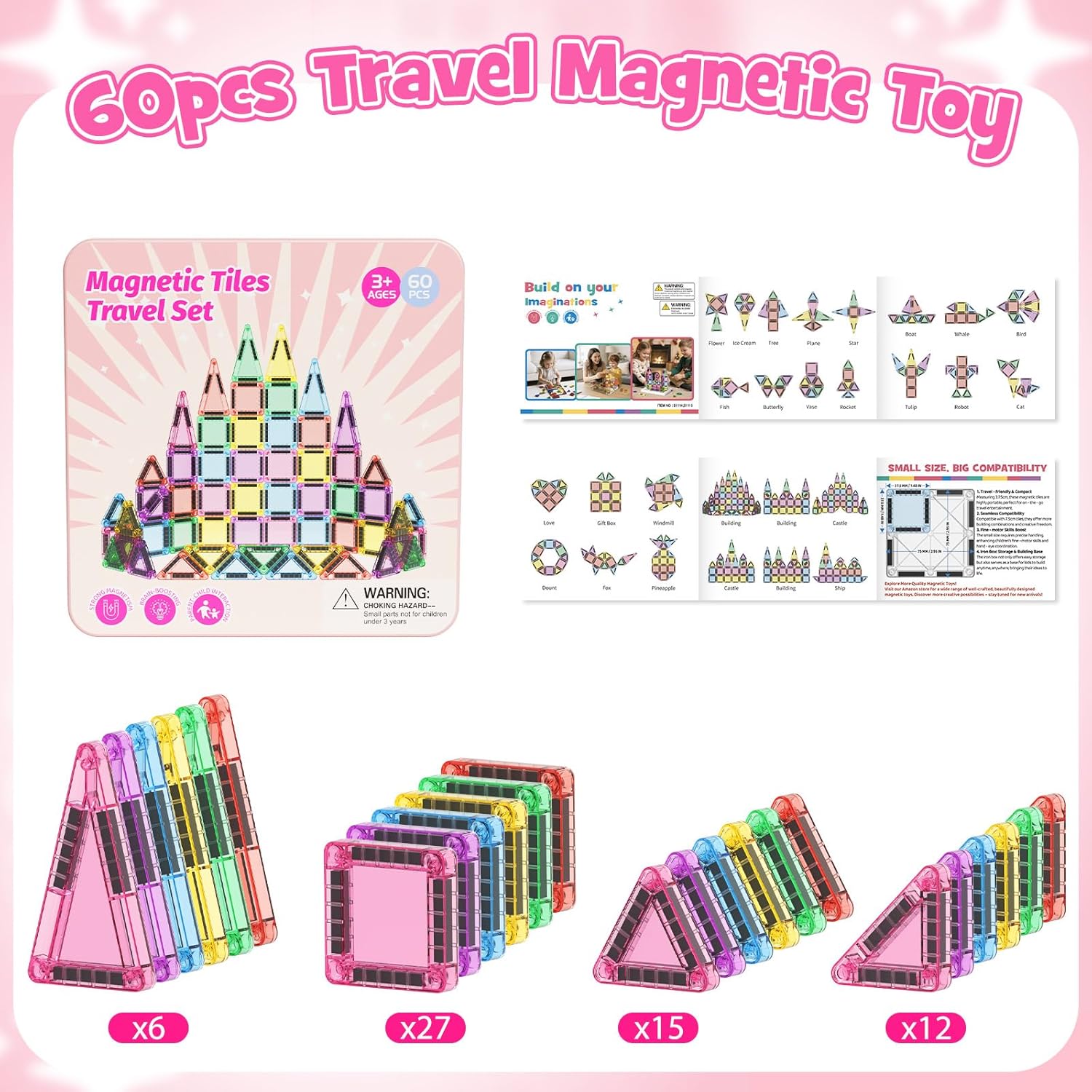 Thumbnail 6 de iburge Blocs Magnétiques de Voyage – Set malin de 60 mini tuiles magnétiques dans une boîte en fer