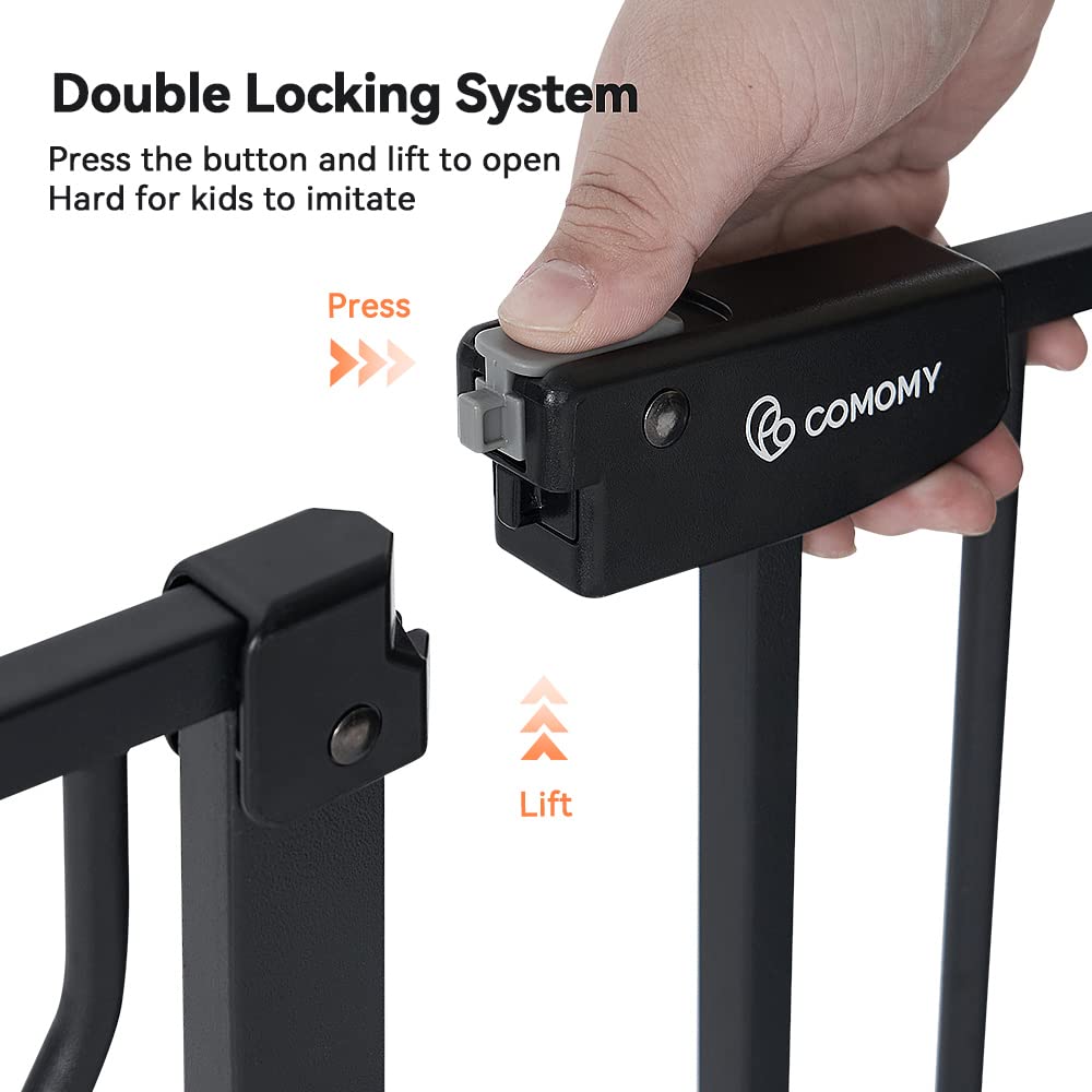 Detalle de COMOMY Türschutzgitter für Babys ohne Bohren – Treppenschutzgitter Breite 75–123 cm, schließt automatisch, schwarz