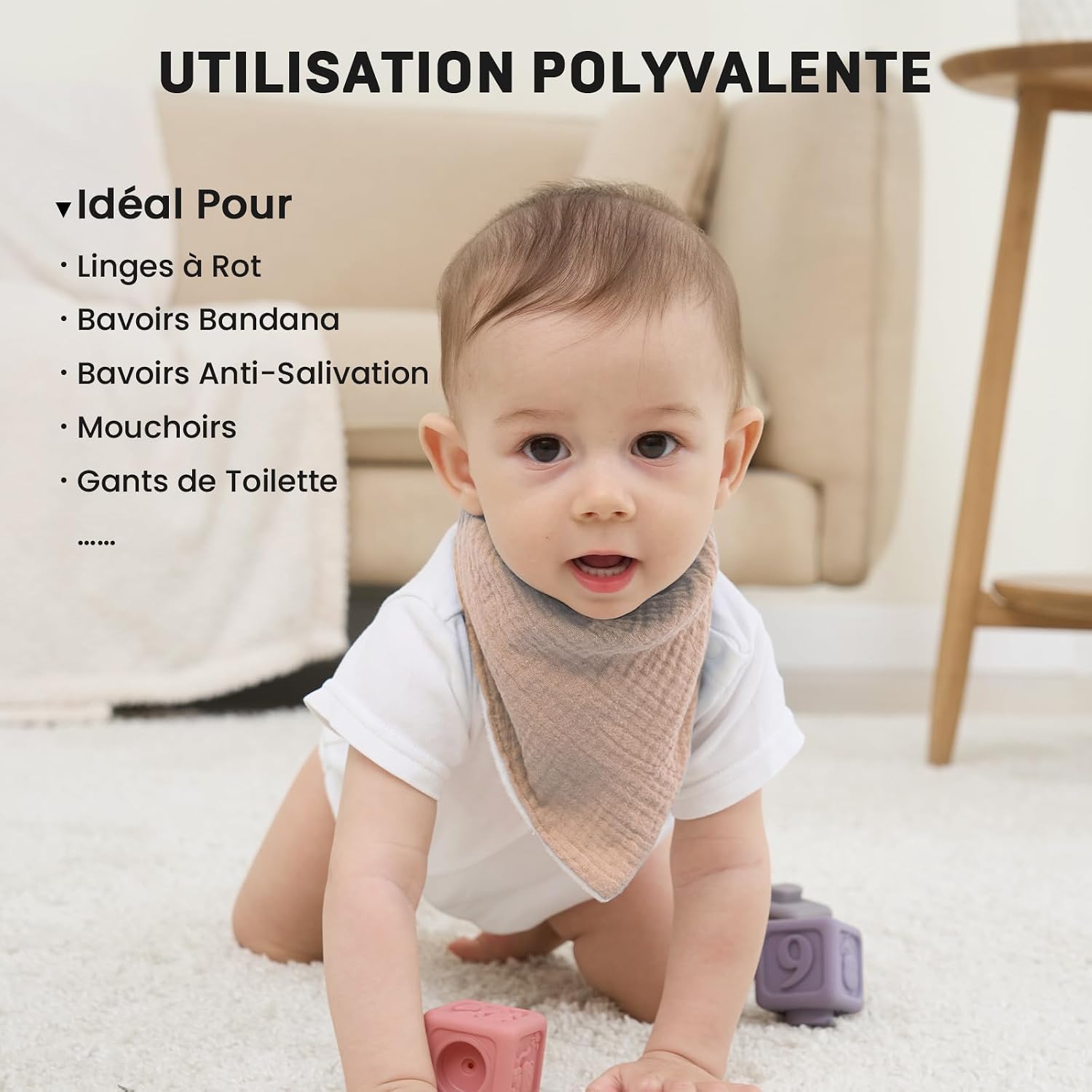 Thumbnail 4 de IKWOLETI Bavoirs Bébé Naissance Mousseline – Ensemble de 8 bavoirs absorbants et ajustables