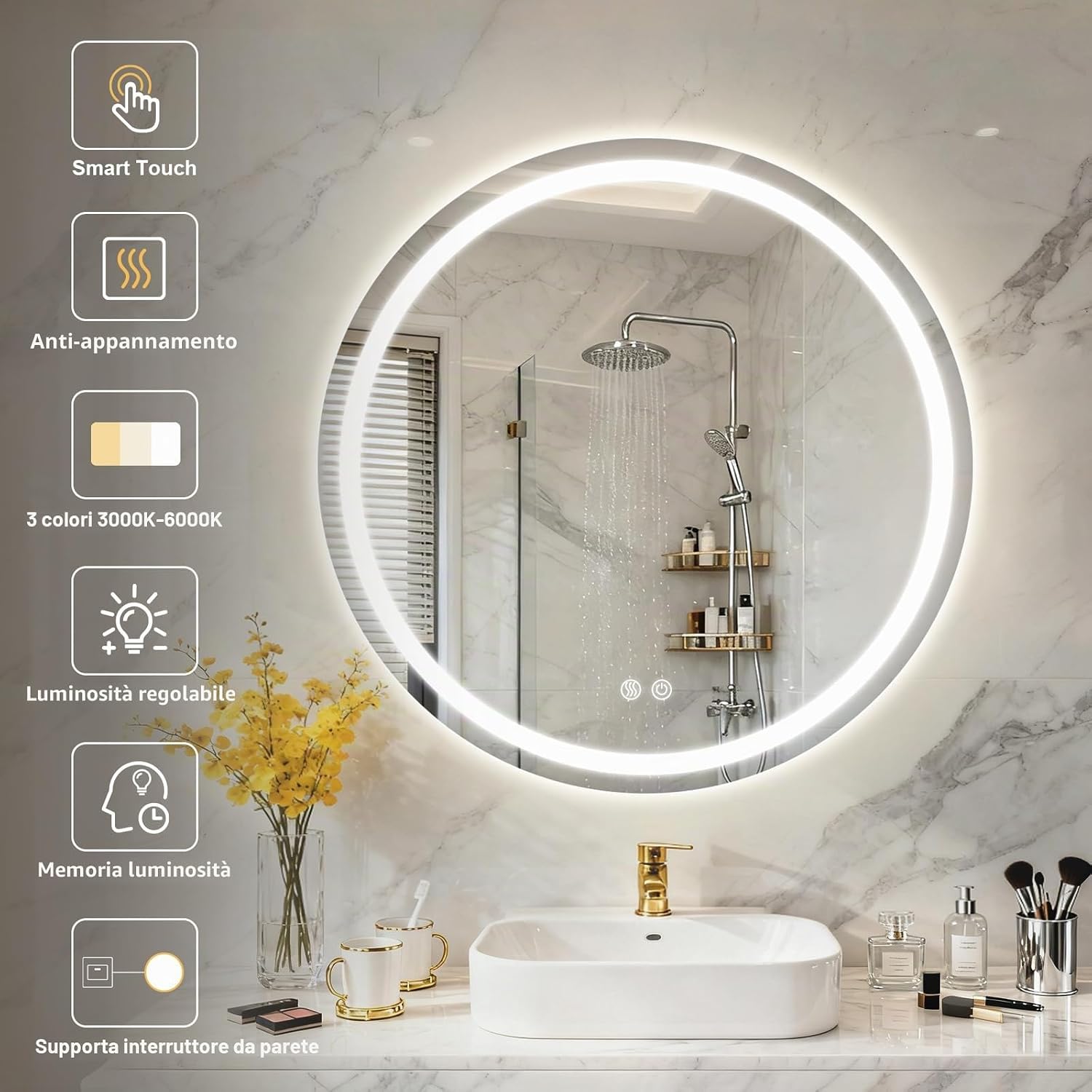Detalle 2 de PINNIP Specchio Bagno con Luce – Specchio LED Rotondo da Parete 50 cm, Antifog, Touch Intelligente