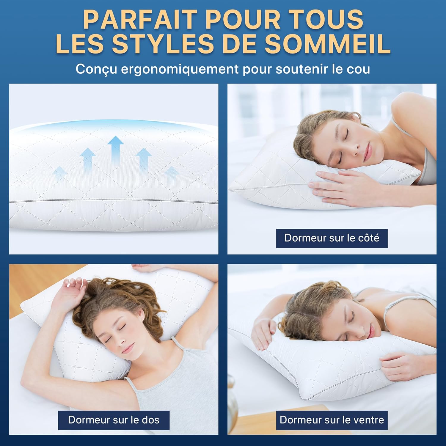 Thumbnail 3 de TESQ oreiller 65x65 cm (lot de 2) – confort moelleux, respirant et hypoallergénique certifié Oeko-TEX