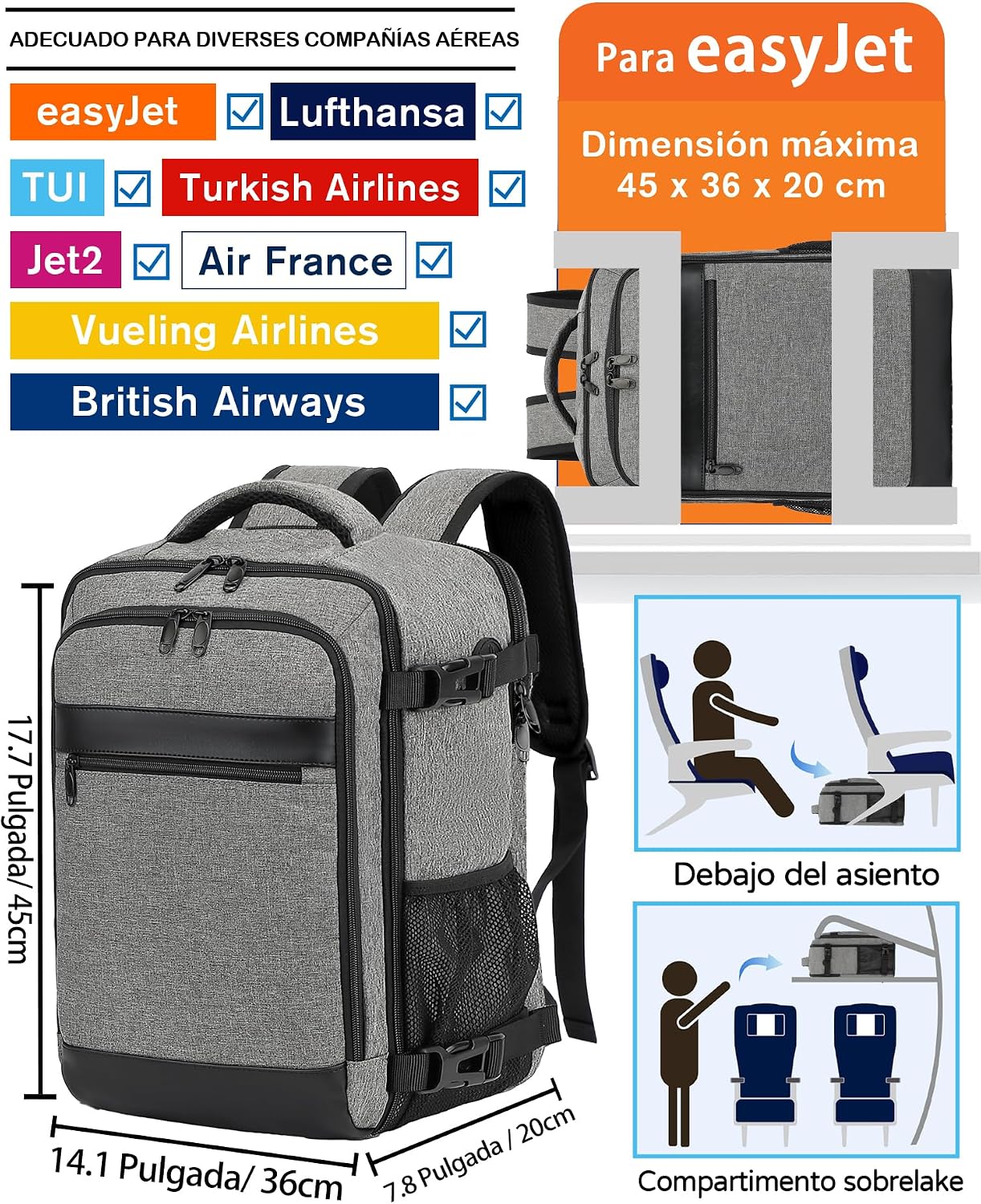 Detalle 2 de KLOSTAIN Mochila de Viaje Cabina 45x36x20 para Easyjet ✈