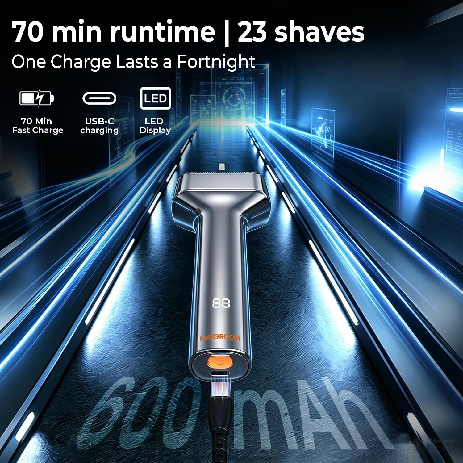 Thumbnail 6 de MAXGROOM Electric Foil Shaver for Men – 3 Floating Blades, IPX7 Waterproof, 70-Minute Run Time