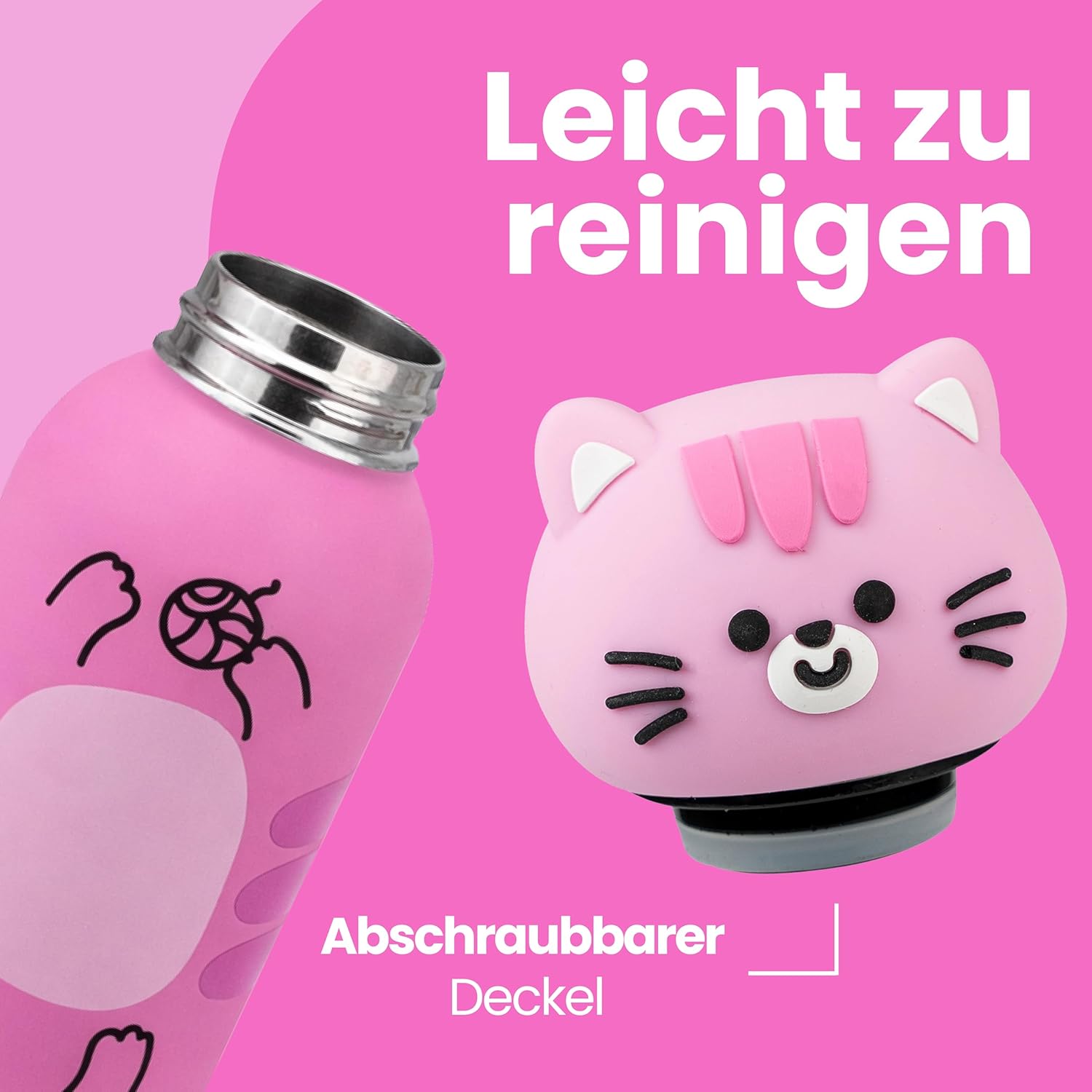 Thumbnail 5 de Cartomania Trinkflasche 350 ml – Edelstahl-Thermosflasche mit Silikondeckel, BPA-frei, rosa mit Katzen