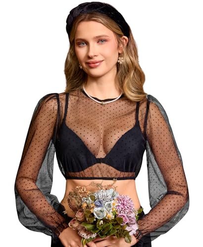 Detalle de DIRNDLSTERN Dirndlbluse Langarm – transparente Punkte, Puffärmel, Oktoberfest