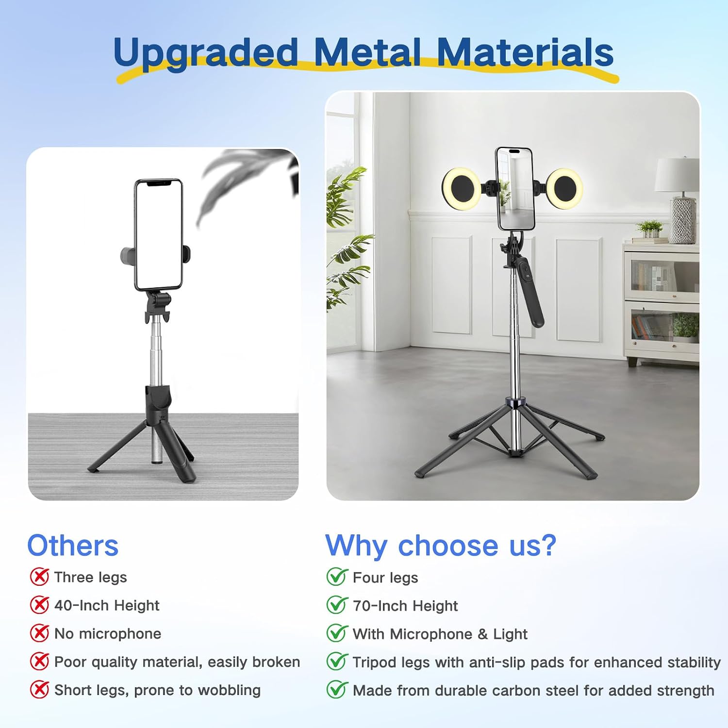 Detalle 2 de HUGSEE 180CM Vlogging Kit with Metal Tripod, Dual Lights and Wireless Mics