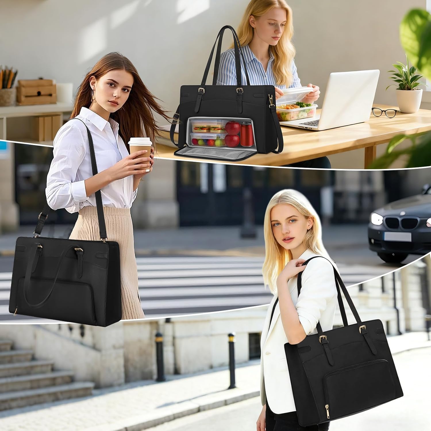 Detalle 2 de RAINSMORE 15.6-inch Laptop Bag for Women with Insulated Lunch Compartment – PU Leather Work Tote