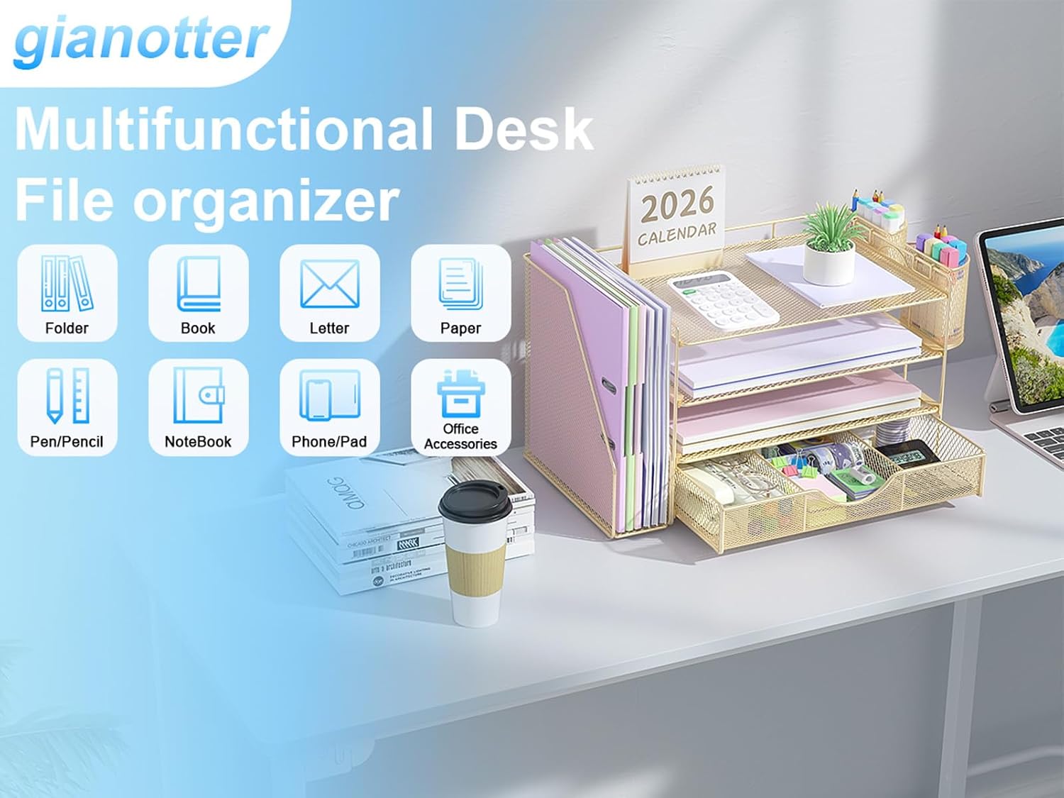 Detalle 2 de gianotter 4T-2 Desk Organizer, 4-Tier Metal Paper Organizer with Drawer, Gold