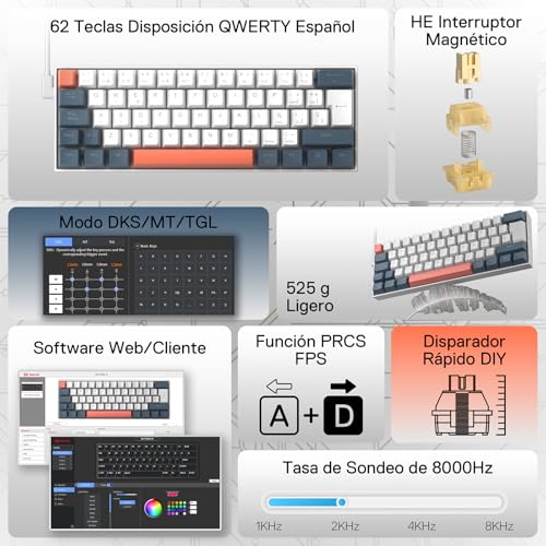 Detalle de Redragon K617 HE 60% con interruptores magnéticos y 8000Hz: teclado gaming mecánico QWERTY español
